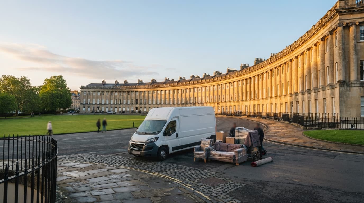 Man and van in Bath loading a removals van outside the Georgian stone terrace of the Royal Crescent